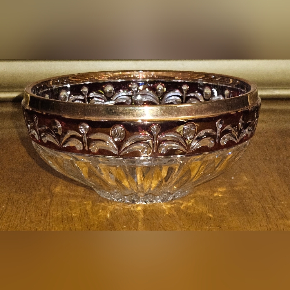 Anna Hutte Small Glass Dish Bowl ~ Ruby Berry Stained Gold Trim ~ 4.5”